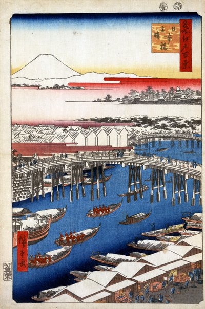 Opklarend Weer na Sneeuw bij Nihon Brug, Honderd Beroemde Zichten van Edo, 1856-1858 door Utagawa Hiroshige