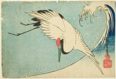 Kraanvogel vliegend over golf door Utagawa Hiroshige