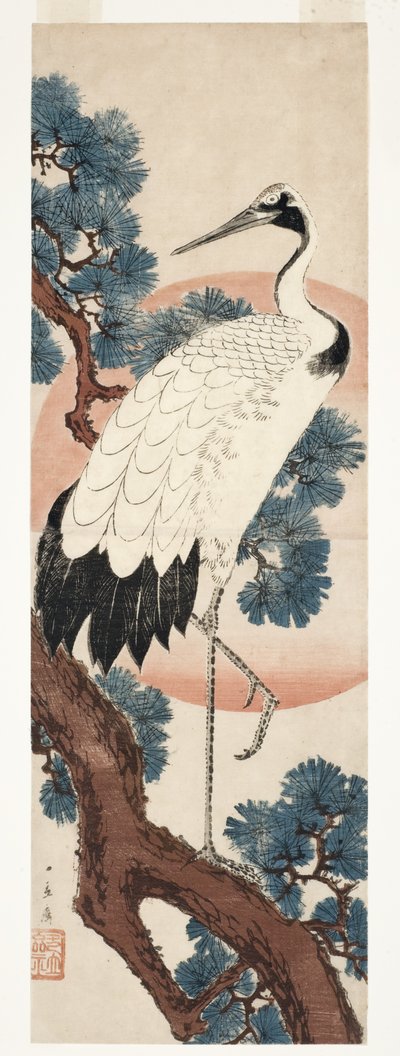 Kraanvogel in dennenboom bij zonsopgang door Utagawa Hiroshige