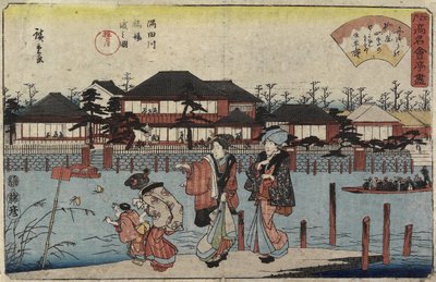 Oversteek van de Sumida-rivier bij Hashiba, het restaurant Yanagiya, 1830-1844 door Utagawa Hiroshige
