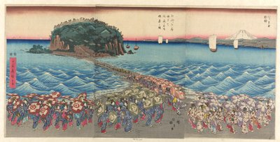 Menigte bezoekt de Benzaiten-schrijn in Enoshima in de provincie Sagami (Soshu Enoshima Benzaiten kaicho sankei gunshu no zu) door Utagawa Hiroshige