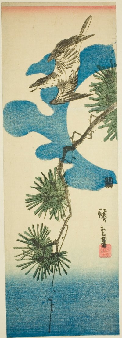 Koekoek, Pijnboomtak en Volle Maan door Utagawa Hiroshige