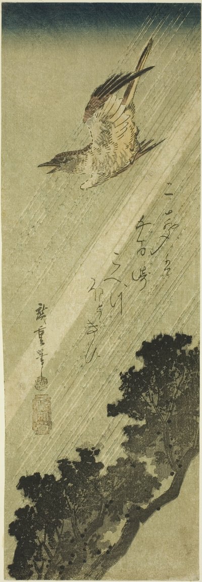 Koekoek vliegend in de regen door Utagawa Hiroshige