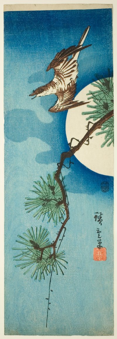 Koekoek, dennen tak en volle maan door Utagawa Hiroshige