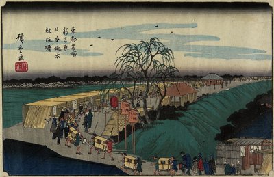 Dageraad op Emonzaka Hill in Nihon-zutsumi Bank, Shin-Yoshiwara, ca. 1830 door Utagawa Hiroshige