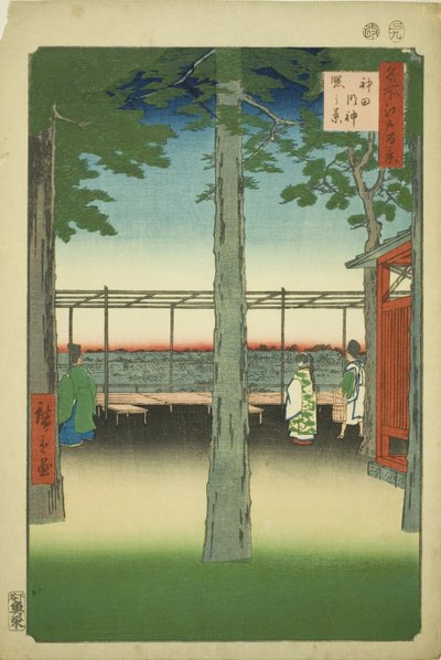 Dageraad bij Kanda Myojin-schrijn (Kanda Myojin akebono no kei), uit de serie "Honderd beroemde uitzichten van Edo (Meisho Edo hyakkei)" door Utagawa Hiroshige