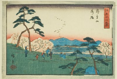 Neerdalende Ganzen bij Asuka Heuvel (Asukayama rakugan), uit de serie "Twaalf Zichten van Edo (Edo juni kei)" door Utagawa Hiroshige