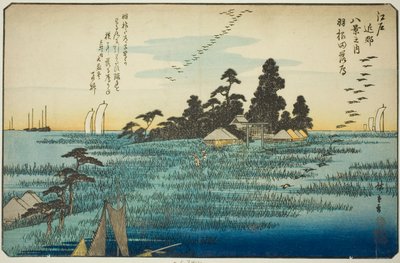 Dalende Ganzen bij Haneda (Haneda no rakugan), uit de serie "Acht Uitzichten in de Omgeving van Edo (Edo kinko hakkei no uchi)" door Utagawa Hiroshige