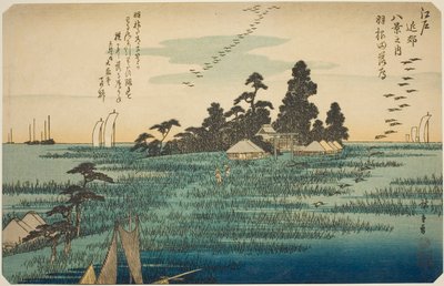 Neerdalende ganzen bij Haneda (Haneda no rakugan), uit de serie "Acht uitzichten in de omgeving van Edo (Edo kinko hakkei no uchi)" door Utagawa Hiroshige