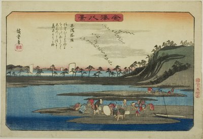 Dalende ganzen bij Hirakata (Hirakata rakugan), uit de serie "Acht uitzichten van Kanazawa (Kanazawa hakkei)" door Utagawa Hiroshige