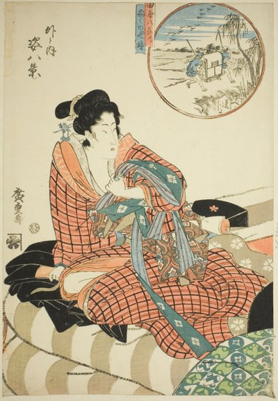 Neerdalende ganzen op de rijstvelden (Tanbo no rakugan) en avondklok van de ochtend daarna (Kinuginu no bansho), uit de serie "Acht uitzichten van figuren binnen en buiten (Soto to uchi sugata hakkei)" door Utagawa Hiroshige