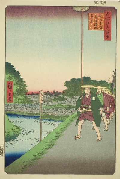 Ver uitzicht op het Akasaka-reservoir vanaf de Kinokuni-helling (Kinokunizaka Akasaka Tameike enkei), uit de serie "Honderd beroemde uitzichten van Edo (Meisho Edo hyakkei)" door Utagawa Hiroshige
