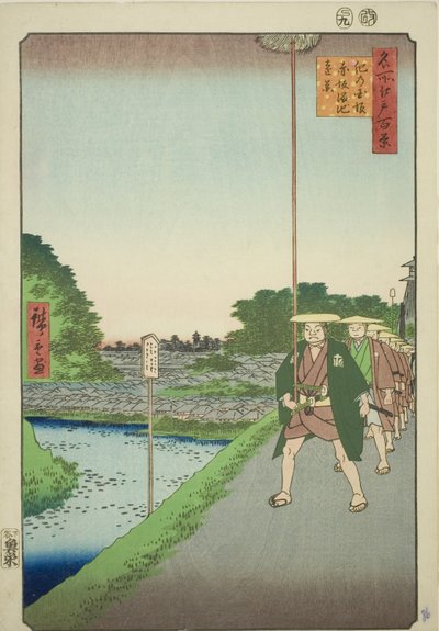 Verre uitzicht op het Akasaka-reservoir vanaf de Kinokuni-helling, uit de serie "Honderd Beroemde Zichten van Edo" door Utagawa Hiroshige
