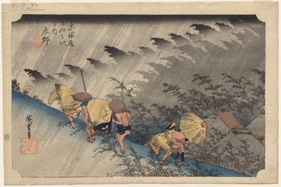 Regenbui bij Shono (Station 46) uit de serie Drieënvijftig Stations van de Tokaido door Utagawa Hiroshige