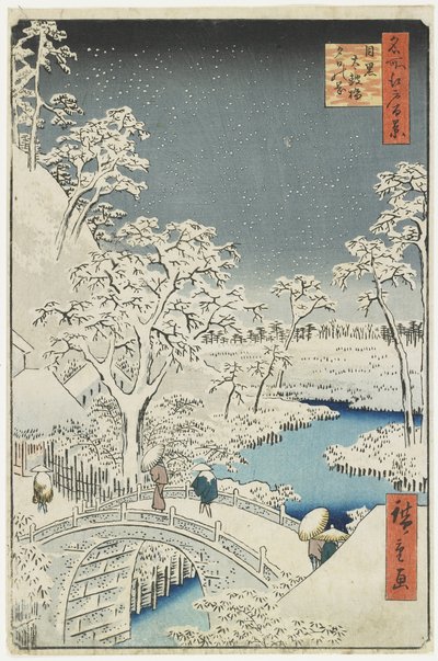 Drumbrug en Zonsondergangheuvel bij Meguro, april 1856 door Utagawa Hiroshige