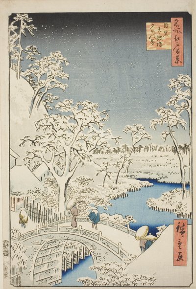 Drumbrug en Yuhi-heuvel bij Meguro (Meguro Taikobashi Yuhi-no-oka), uit de serie "Honderd Beroemde Zichten van Edo (Meisho Edo hyakkei)" door Utagawa Hiroshige