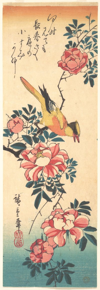 Östliche Grauwasserstelze und Rose door Utagawa Hiroshige