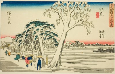 Ejiri: Uitzicht op de Haven van Shimizu bij Helder Weer na Sneeuwval (Ejiri, Shimizu no minato enbo, yukibare), uit de serie "Drieënvijftig Stations van de Tokaido (Tokaido gojusan tsugi no uchi)," ook bekend als de Gyosho Tokaido door Utagawa Hiroshige