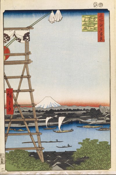 Ekoin Tempel in Ryogoku en Moto-Yanagi Brug, Honderd Beroemde Zichten van Edo door Utagawa Hiroshige