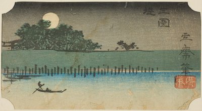 Dijk bij Mimeguri (Mimeguri tsutsumi), deel van een blad uit de serie "Uitknipsels van beroemde plaatsen in Edo (Harimaze Koto meisho)" door Utagawa Hiroshige