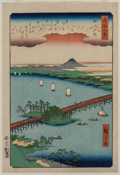 Avondgloed bij Seta, uit de serie Acht Zichten van Omi, 1857 door Utagawa Hiroshige