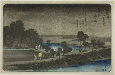 Avondregen bij Azuma Heiligdom (Azuma no mori yau), uit de serie "Acht Zichten in de Omgeving van Edo (Edo Kinko hakkei no uchi)" door Utagawa Hiroshige
