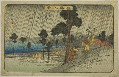 Avondregen in Koizumi (Koizumi yau), uit de serie "Acht uitzichten van Kanazawa (Kanazawa hakkei)" door Utagawa Hiroshige