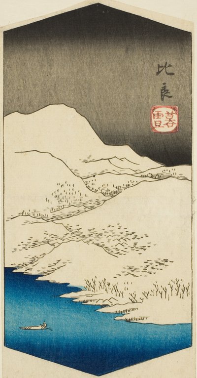 Avondsneeuw bij Hira (Hira bosetsu), deel van een blad uit de serie "Acht Zichten van Omi (Omi hakkei)" door Utagawa Hiroshige