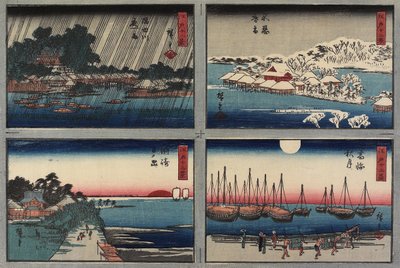 Avondsneeuw bij Shinobazu, Herfstmaan bij Takanawa, Zonsopgang bij Susaki, Nachtregen bij Sumida Rivier, 1843-1847 door Utagawa Hiroshige