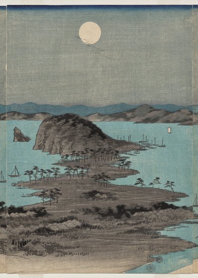 Avondzicht op de acht beroemde plaatsen bij Kanazawa onder volle maan in de provincie Musashi door Utagawa Hiroshige