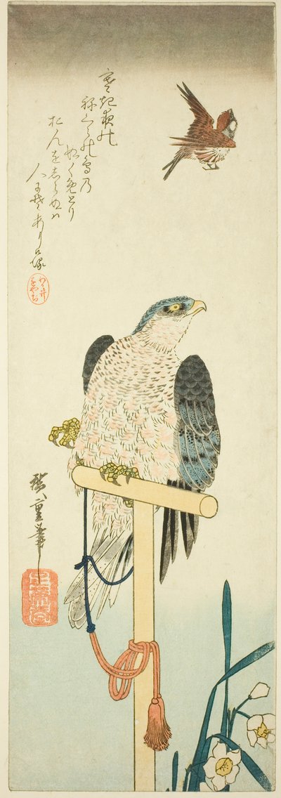 Valk, mus en narcis door Utagawa Hiroshige
