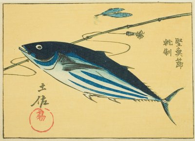 Beroemde producten van de provincie Tosa: Gedroogde Bonito, sectie van blad nr. 16 uit de serie "Uitgeknipte afbeeldingen van de provincies" door Utagawa Hiroshige