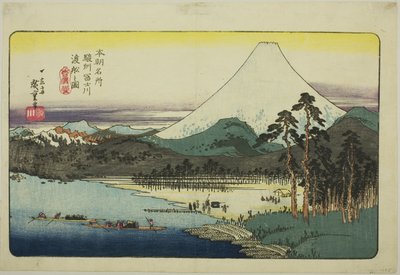 Veerboten die de Fuji Rivier Oversteken in de Suruga Provincie (Sunshu Fujikawa watashibune no zu), uit de serie 