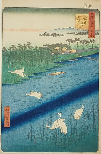 Oversteekplaats bij Sakasai (Sakasai no watashi), nr.67 uit de serie "Honderd beroemde gezichten op Edo (Meisho Edo hyakkei)". door Utagawa Hiroshige