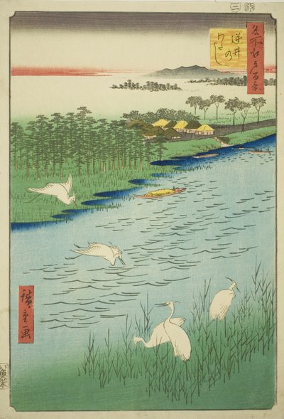 Veerbootoversteek bij Sakasai (Sakasai no watashi), uit de serie "Honderd Beroemde Uitzichten van Edo (Meisho Edo hyakkei)" door Utagawa Hiroshige