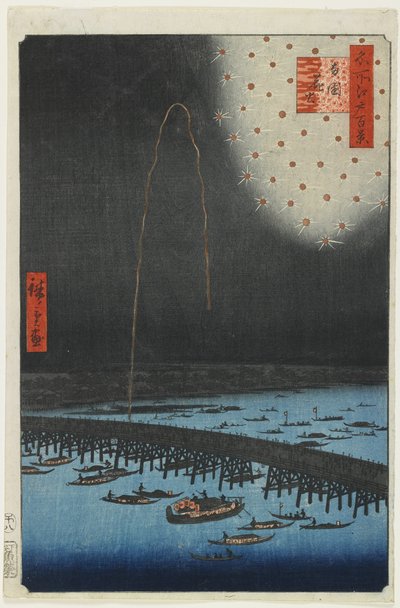 Vuurwerk bij de Ryo_goku-brug, 1858 door Utagawa Hiroshige