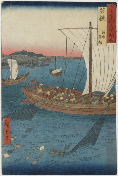Platvisnetten en vissersboten, provincie Wakasa, september 1853 door Utagawa Hiroshige