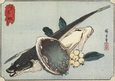 Platkop en abalone, begin 19e eeuw door Utagawa Hiroshige