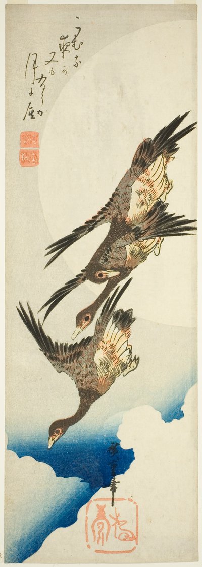 Vliegende ganzen en volle maan door Utagawa Hiroshige