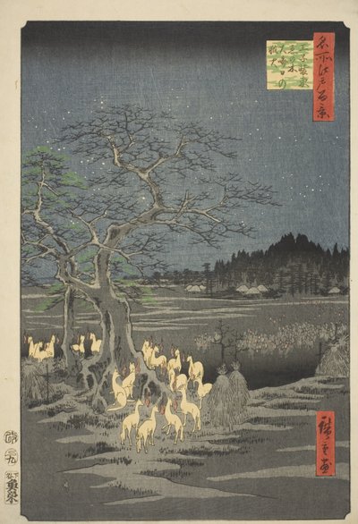 Vossenvuren op oudejaarsavond bij de veranderlijke boom in Oji (Oji shozoku enoki omisoka no kitsunebi), uit de serie "Honderd beroemde vergezichten van Edo (Meisho Edo hyakkei)". door Utagawa Hiroshige