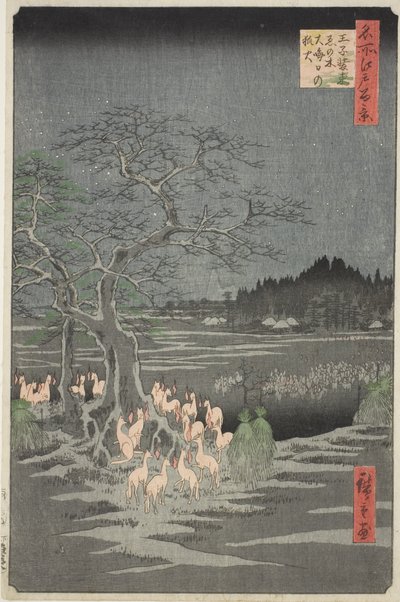 Vossenvuren op oudejaarsavond bij de veranderlijke boom in Oji (Oji shozoku enoki omisoka no kitsunebi), uit de serie "Honderd beroemde vergezichten van Edo (Meisho Edo hyakkei)". door Utagawa Hiroshige
