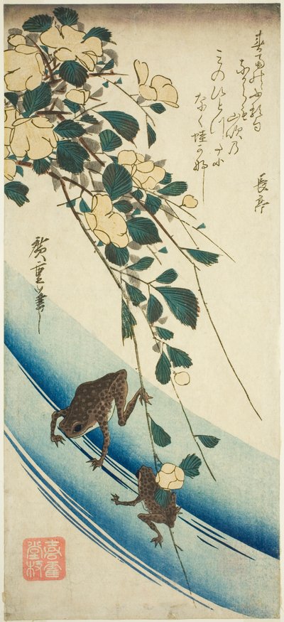 Kikkers en gele roos door Utagawa Hiroshige