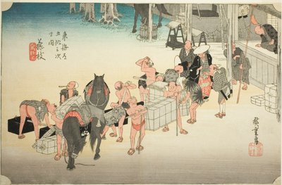 Fujieda: Wisselen van dragers en paarden (Fujieda, jinba tsugitate), uit de serie "Drieënvijftig stations van de Tokaido-weg (Tokaido gojusan tsugi no uchi)," ook bekend als de Hoeido Tokaido door Utagawa Hiroshige