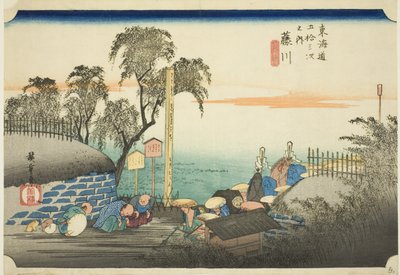 Fujikawa: Uitzicht op de buitenwijken van het poststation (Fujikawa, bohana no zu), uit de serie "Drieënvijftig stations van de Tokaido (Tokaido gojusan tsugi no uchi)," ook bekend als de Hoeido Tokaido door Utagawa Hiroshige