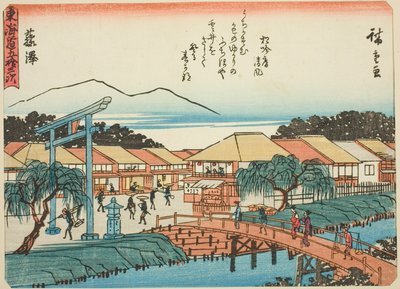 Fujisawa, uit de serie "Drieënvijftig stations van de Tokaido (Tokaido gojusan tsugi)," ook bekend als de Tokaido met gedicht (Kyoka iri Tokaido) door Utagawa Hiroshige