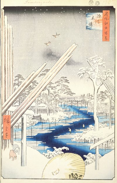 Fukagawa Houthandel, nr. 106 uit Honderd beroemde Zichten van Edo, 1856 door Utagawa Hiroshige
