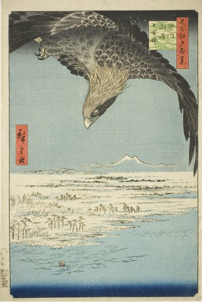 Fukagawa Susaki en Jumantsubo (Fukagawa Susaki Jumantsubo), uit de serie "Honderd Beroemde Zichten van Edo (Meisho Edo hyakkei)" door Utagawa Hiroshige