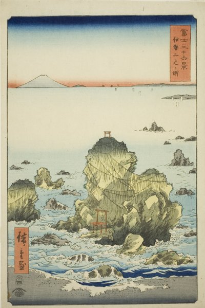 Futami Bay in de provincie Ise (Ise Futamigaura), uit de serie "Zesendertig gezichten op de berg Fuji (Fuji sanjurokkei)" door Utagawa Hiroshige