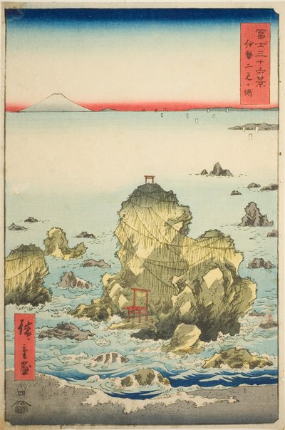 Futami-baai in de provincie Ise (Ise Futamigaura), uit de serie "Zesendertig Zichten op de berg Fuji (Fuji sanjurokkei)" door Utagawa Hiroshige