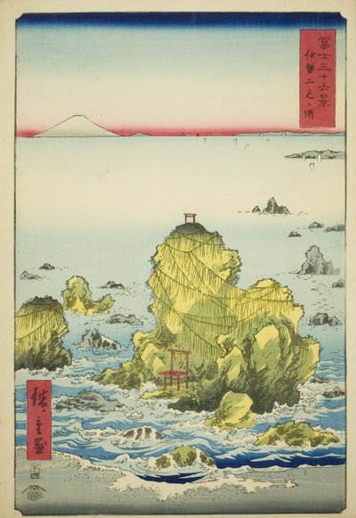 Futami Bay in de provincie Ise (Ise Futamigaura), uit de serie "Zesendertig gezichten op de berg Fuji (Fuji sanjurokkei)" door Utagawa Hiroshige